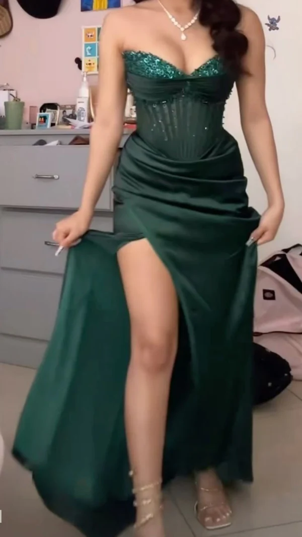 Vintage Green Strapless Sequins Satin Slit Evening Dress,Mermaid Party Prom Dress