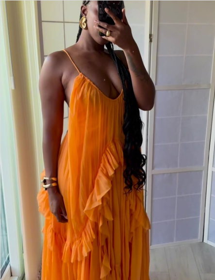 Sexy Orange Chiffon Ruffles Evening Dress Long Prom Party Gown - View 2 | VelvetHem