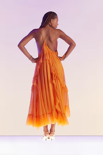 Sexy Orange Chiffon Ruffles Evening Dress Long Prom Party Gown - View 3 | VelvetHem
