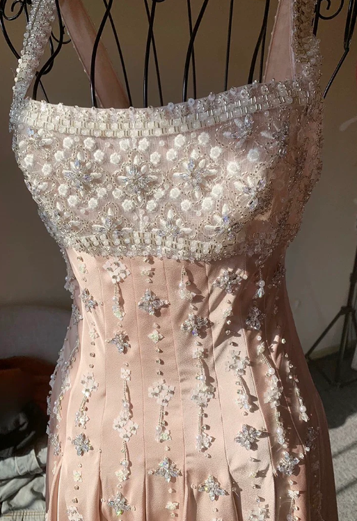 Vintage Pink Square Neck Wide Shoulder Strap Sequin Embroidered Satin Birthday Party Homecoming Dress - View 3 | VelvetHem