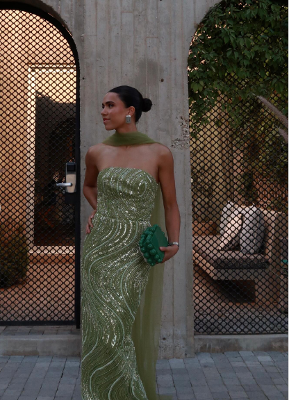 Elegant Green Strapless Sequin Wave Pattern High-Slit Tulle Slim-Fit Long Prom Dress Evening Dress - View 4 | VelvetHem
