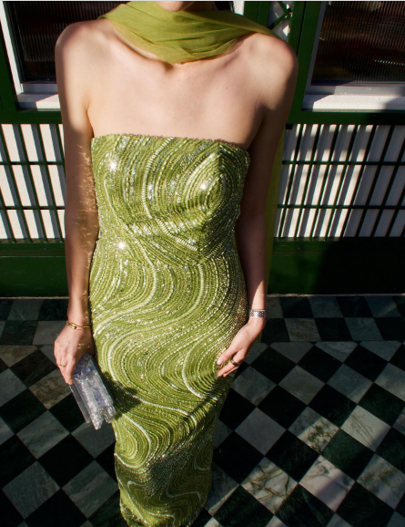 Elegant Green Strapless Sequin Wave Pattern High-Slit Tulle Slim-Fit Long Prom Dress Evening Dress - View 8 | VelvetHem