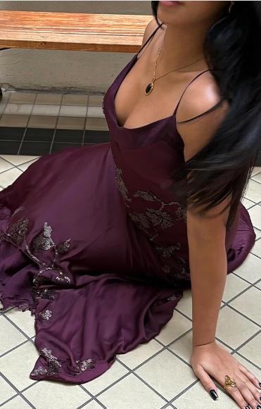 Vintage Elegant Burgundy Spaghetti Strap V-neck Satin Long Prom Dress Evening Dress - View 8 | VelvetHem