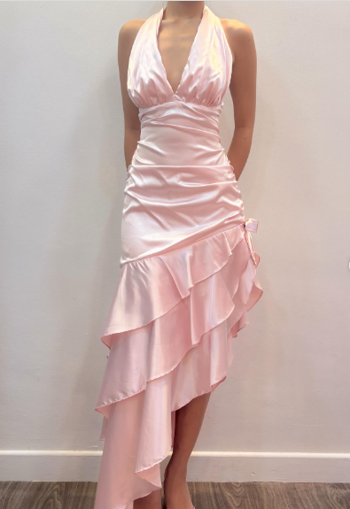Sweet Pink Halter V-Neck Bow Ruffle Satin Prom Prom Birthday Dress