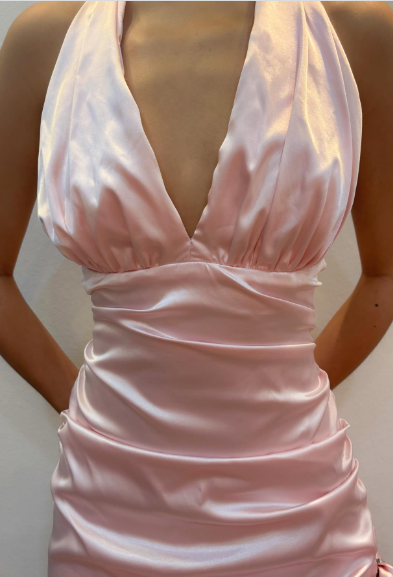Sweet Pink Halter V-Neck Bow Ruffle Satin Prom Prom Birthday Dress