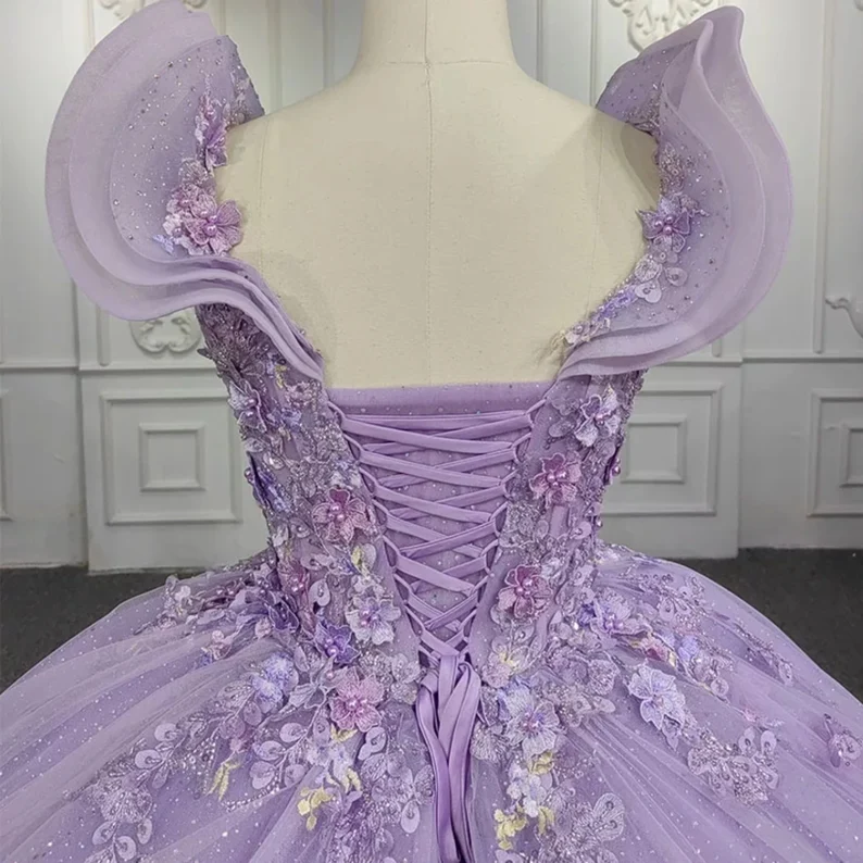 Shimmering Beaded Layered & Ruffled Deep V Neck Quincea�era Princess Ball Gown - View 3 | VelvetHem