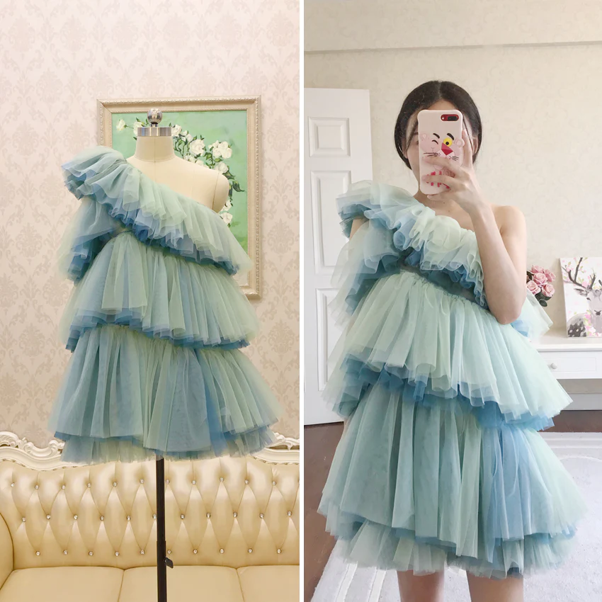 Unique One Shoulder Tulle Homecoming Dress, Short Layers Party Dress