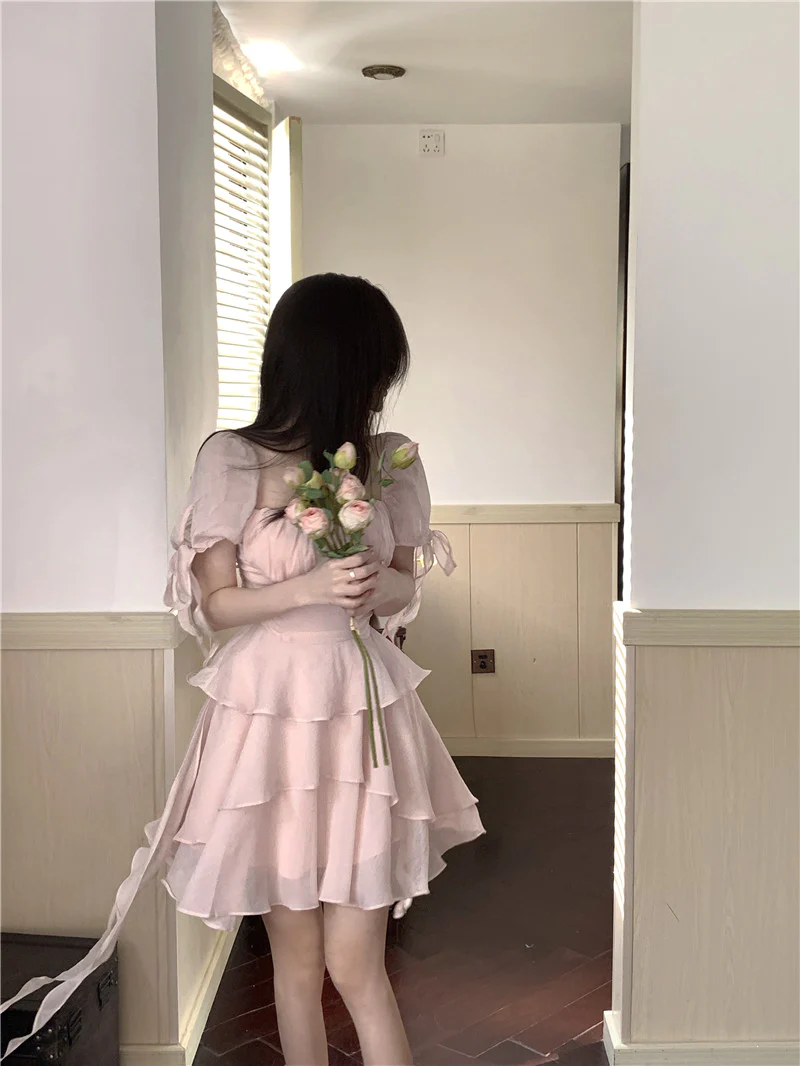 Ruffled Puff Sleeve Dress Solid Square Collar Women's Summer Dress , Homecoming Party Dress