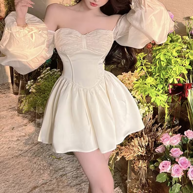 Puff Sleeve Mini Dress,French Fairy Dress Homecoming Dress