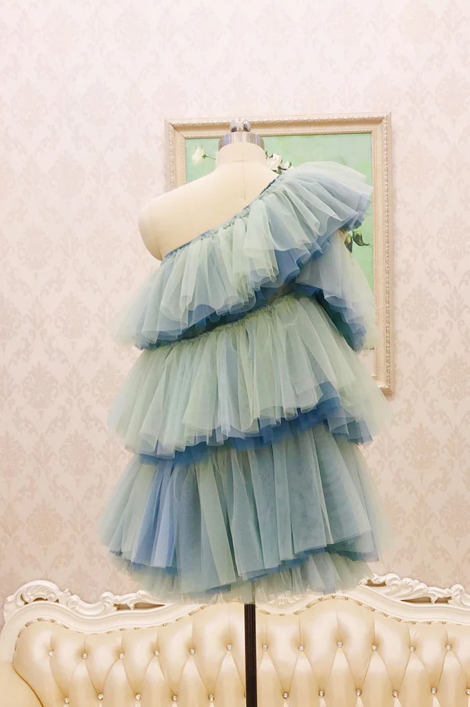 Unique One Shoulder Tulle Homecoming Dress, Short Layers Party Dress