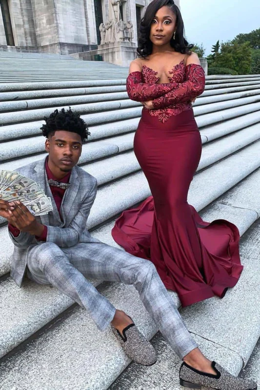 2023 Mermaid Burgundy Long Sleeves Stretchy Long With Appliques Prom Dresses