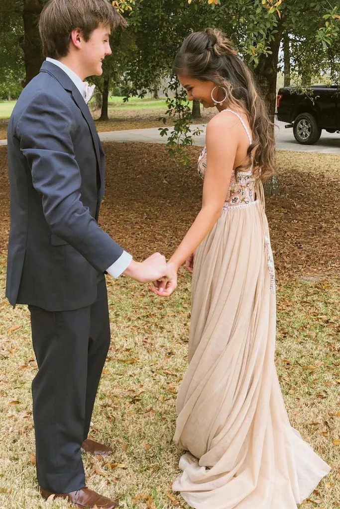Chic Spaghetti Straps Low Back V Neck Prom Dress A Line Long Evening Dresses with Flowers