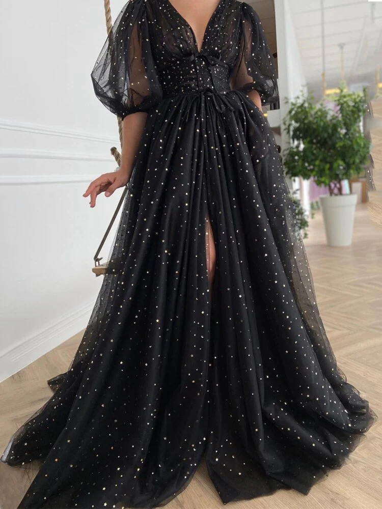 Black Tulle lace dress Black Dress Womens glitter Dress V-neckline Puff Sleeve Party Dress