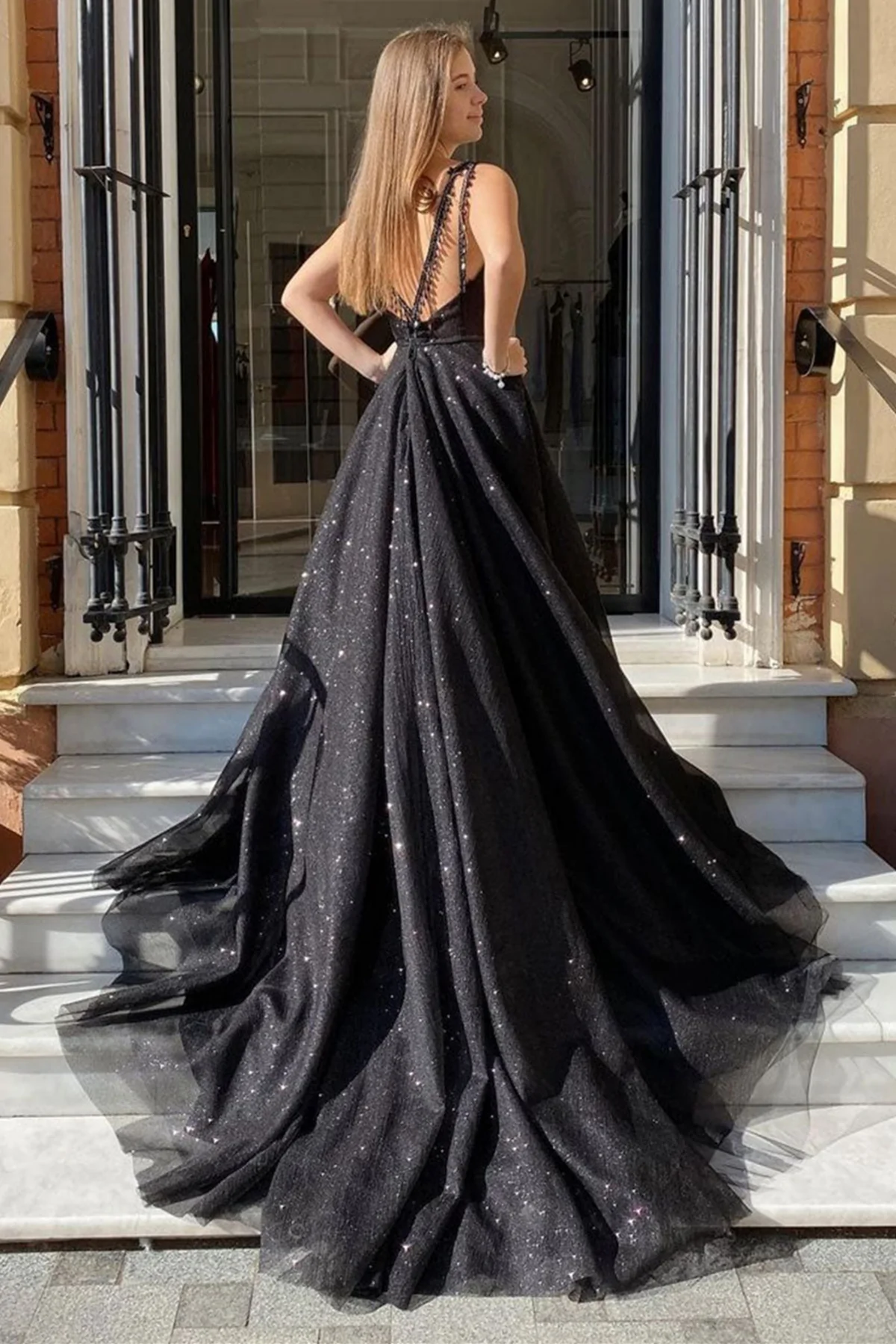 Shiny Tulle V Neck Open Back Black Long Prom Dresses with High Slit, Sparkly Black Tulle Formal Graduation Evening Dresses