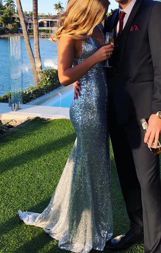 Silver Sequins V Neck Backless Prom Dress with A Sweep Train
