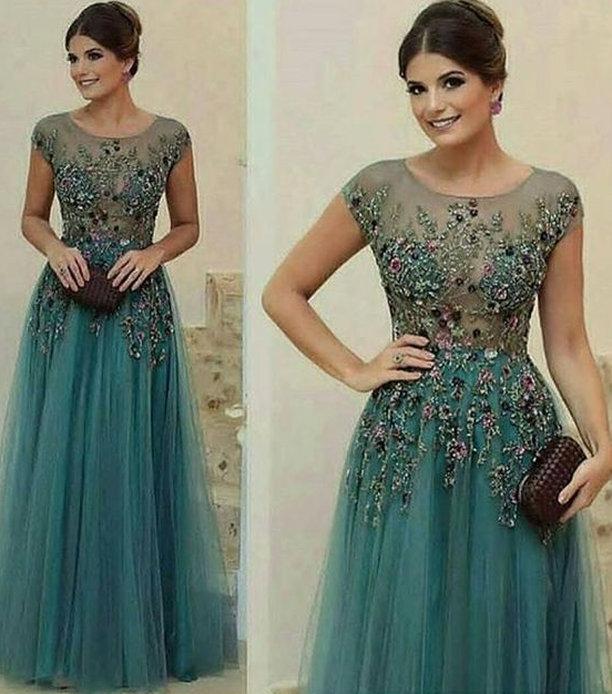 A-Line Scoop Floor Length Short Tulle Prom Dress/Evening Dress