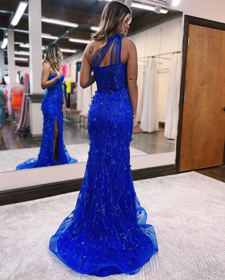 Charming Mermaid One Shoulder Royal Blue Lace Prom Dresses with Slit