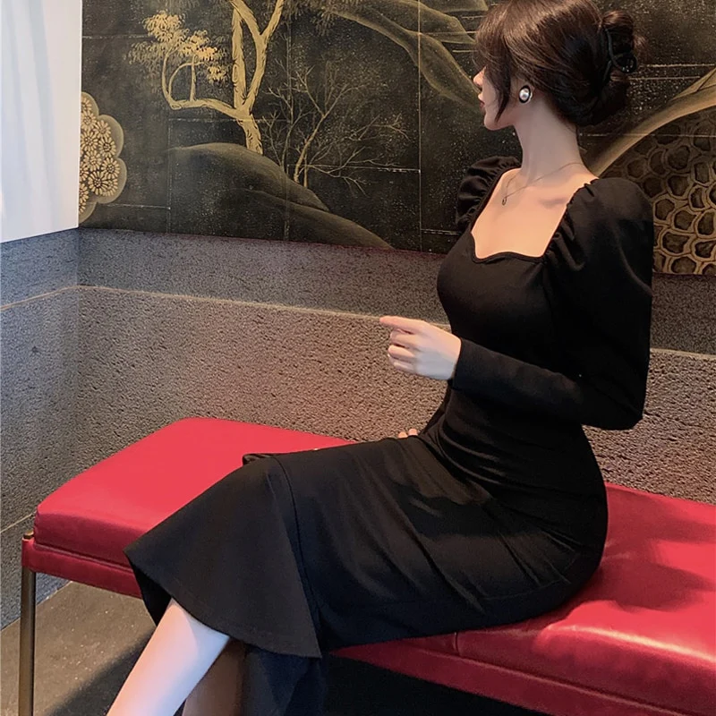 Elegant Mermaid Black Long Dress Women Korean One Piece Vintage Gothic Evening Party Dress