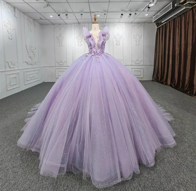 Shimmering Beaded Layered & Ruffled Deep V Neck Quincea�era Princess Ball Gown - View 5 | VelvetHem