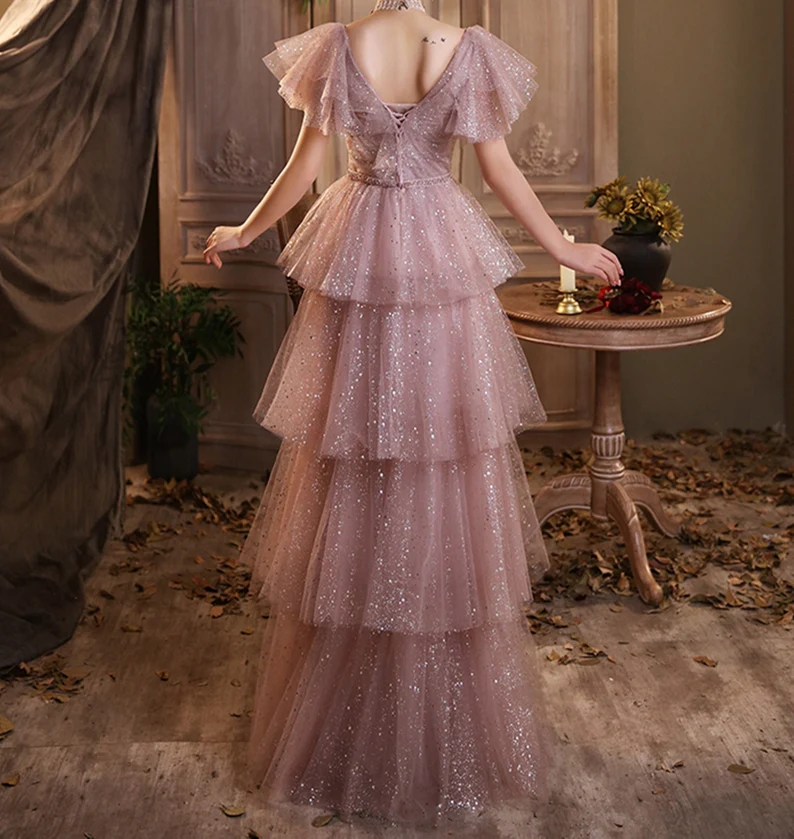 Dreamy Pink Long Prom Dress Girl Sparkly Tiered Dress Starry Evening Dress