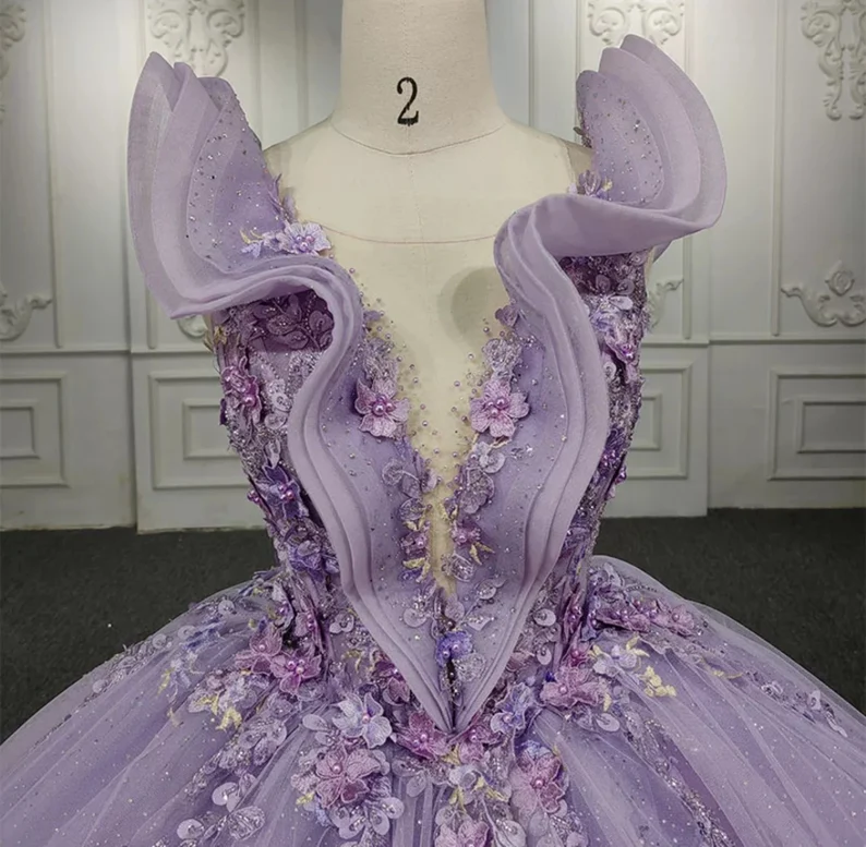 Shimmering Beaded Layered & Ruffled Deep V Neck Quincea�era Princess Ball Gown - View 4 | VelvetHem