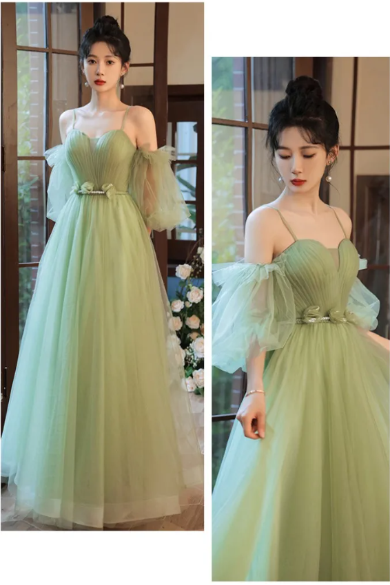 green tulle a line long prom dress, green tulle formal dress