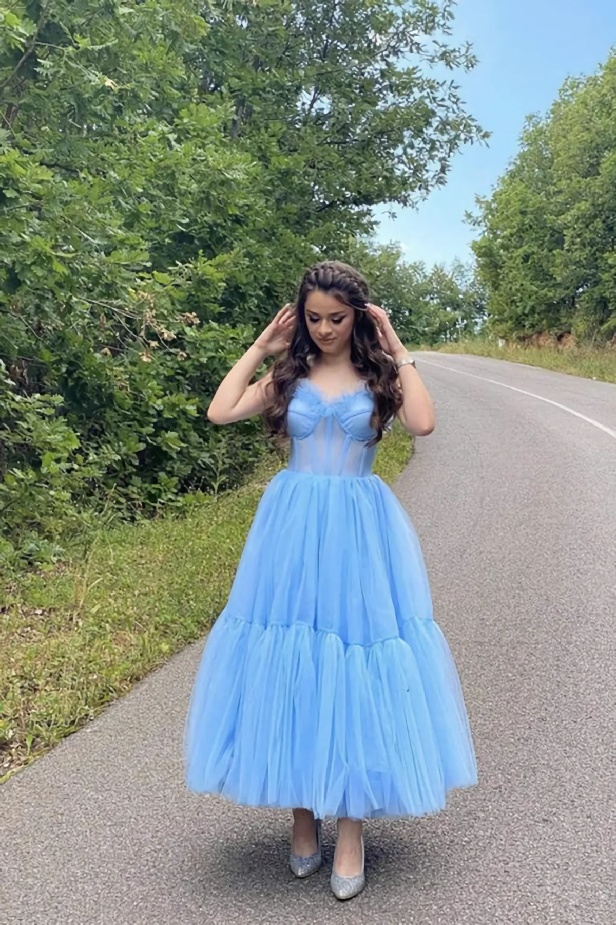 Sky Blue Straps Tulle A Line Prom Dress Sweetheart Homecoming Dresses - View 2 | VelvetHem