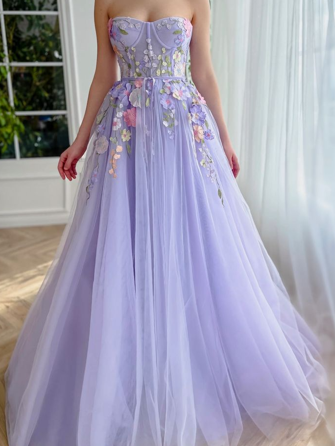 Lavender Floral Gown long prom dresses, evening dresses,party dresses, formal dress