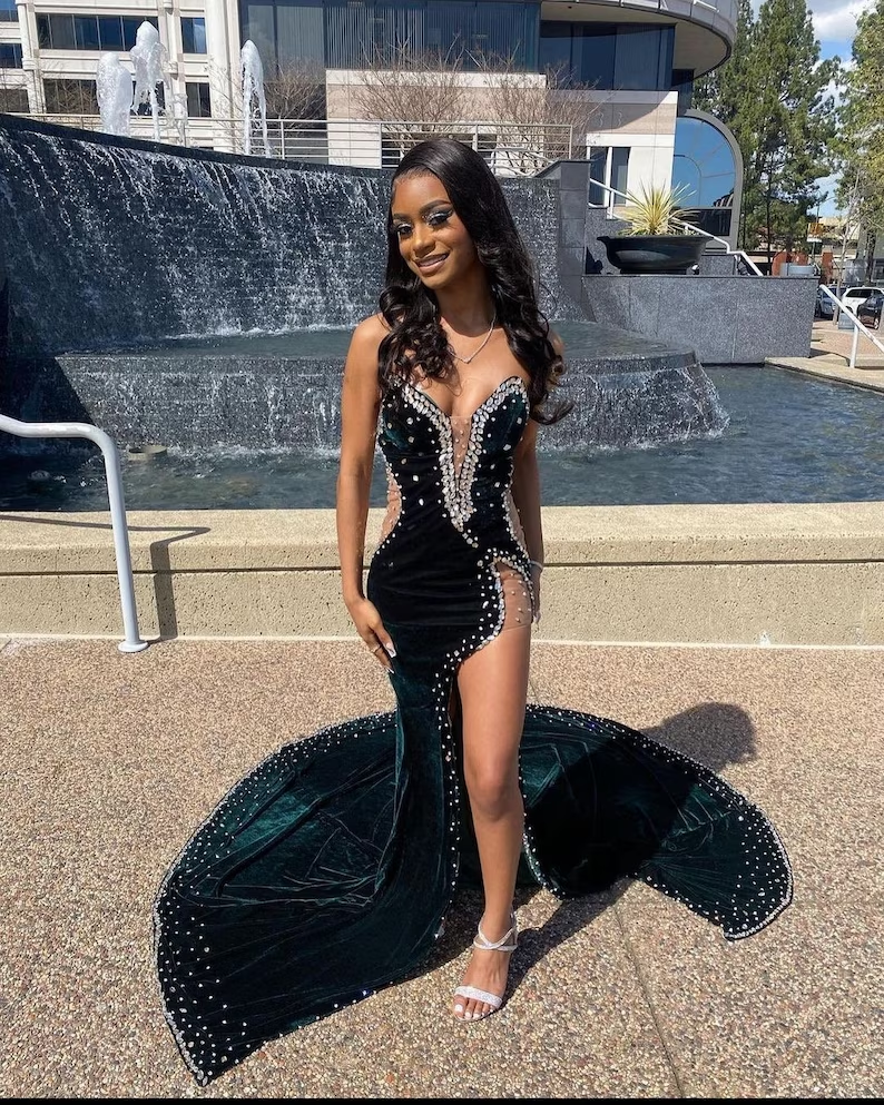 Velvet Prom Dress with High Slit, Wedding Reception Dress, Bridesmaid Dress
