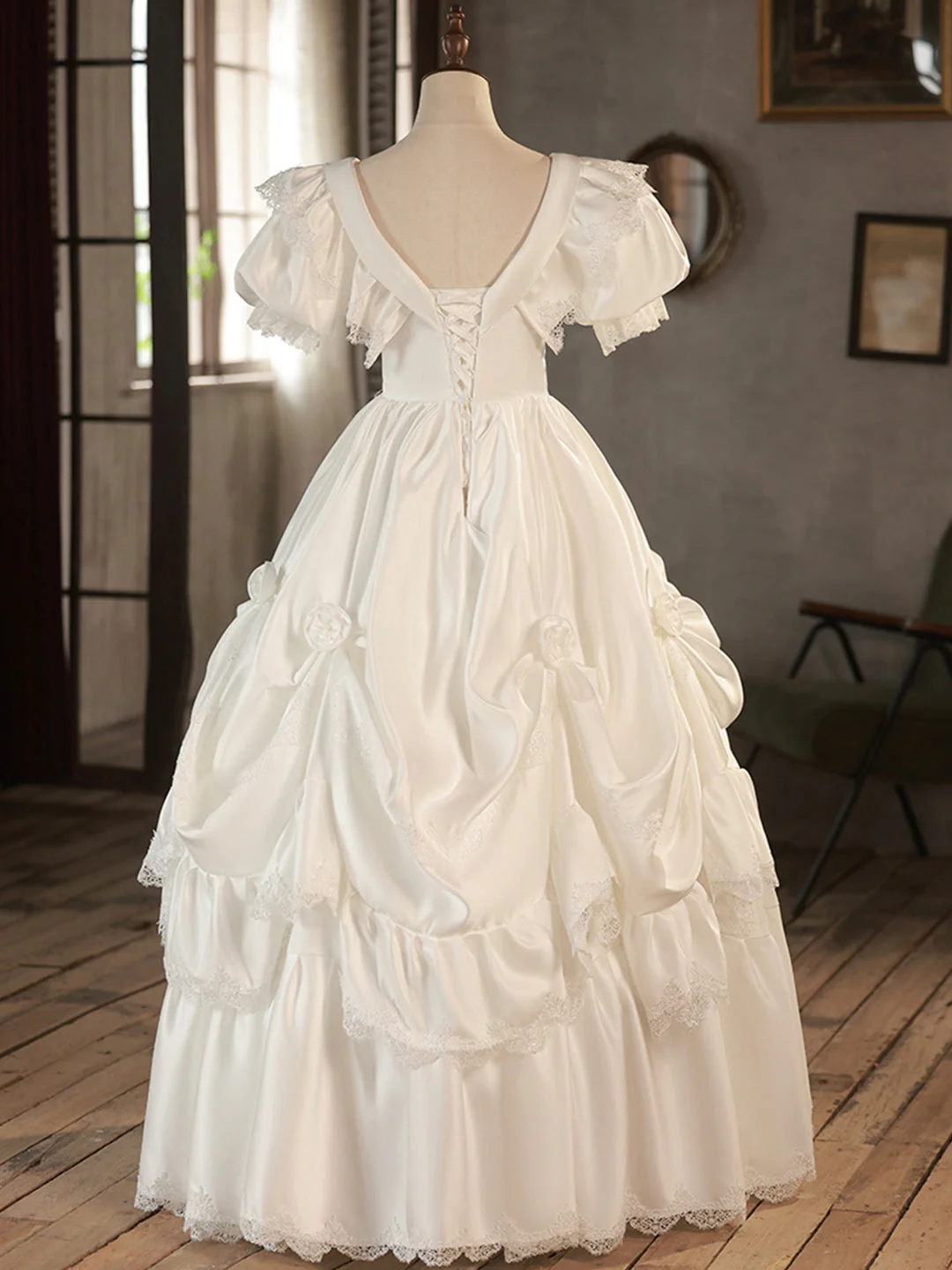 V-Neck Satin Long Prom Dress, Lace Wedding Dress - View 3 | VelvetHem