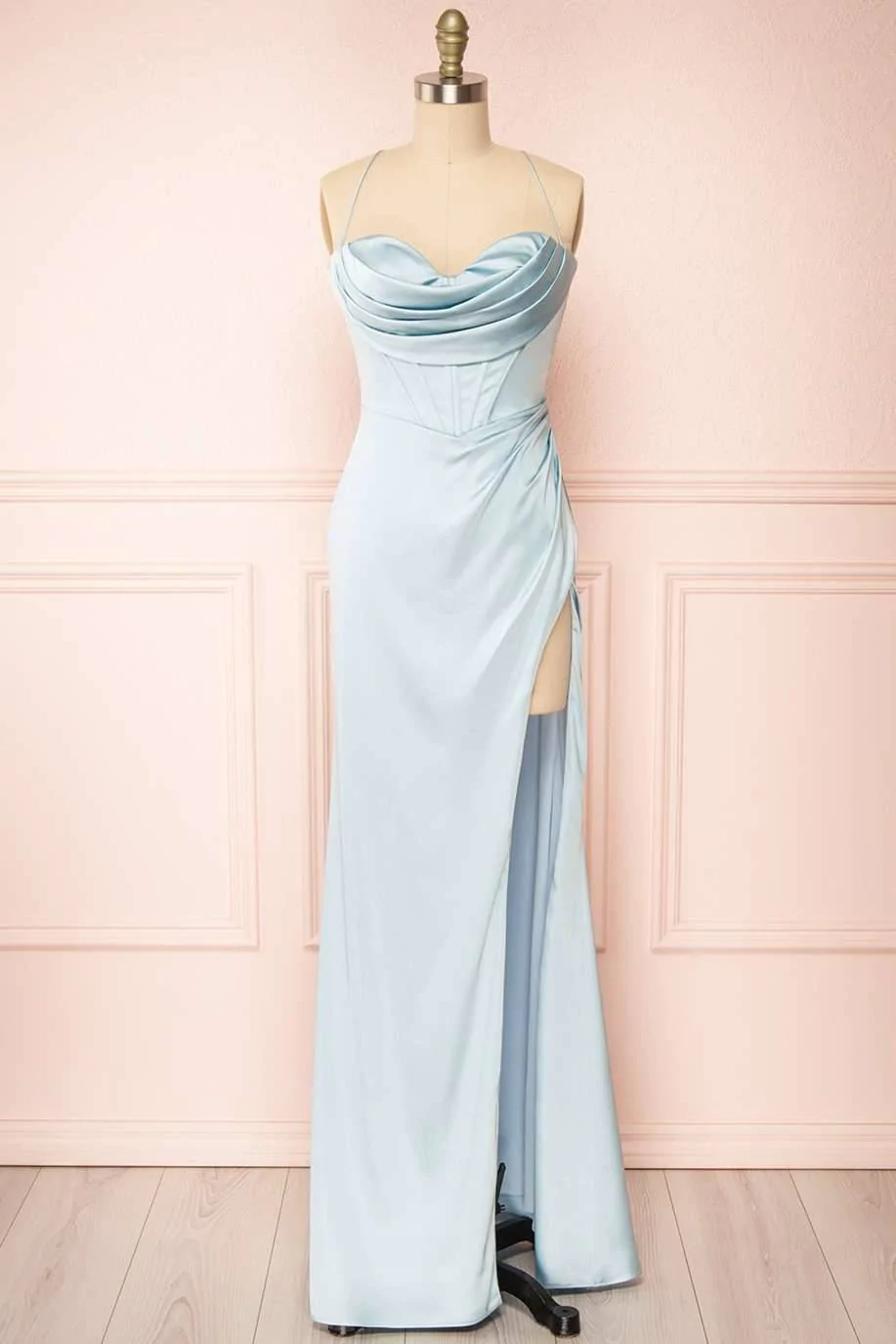Lace-Up Cowl Neck Ruched Long Party Dress - View 3 | VelvetHem