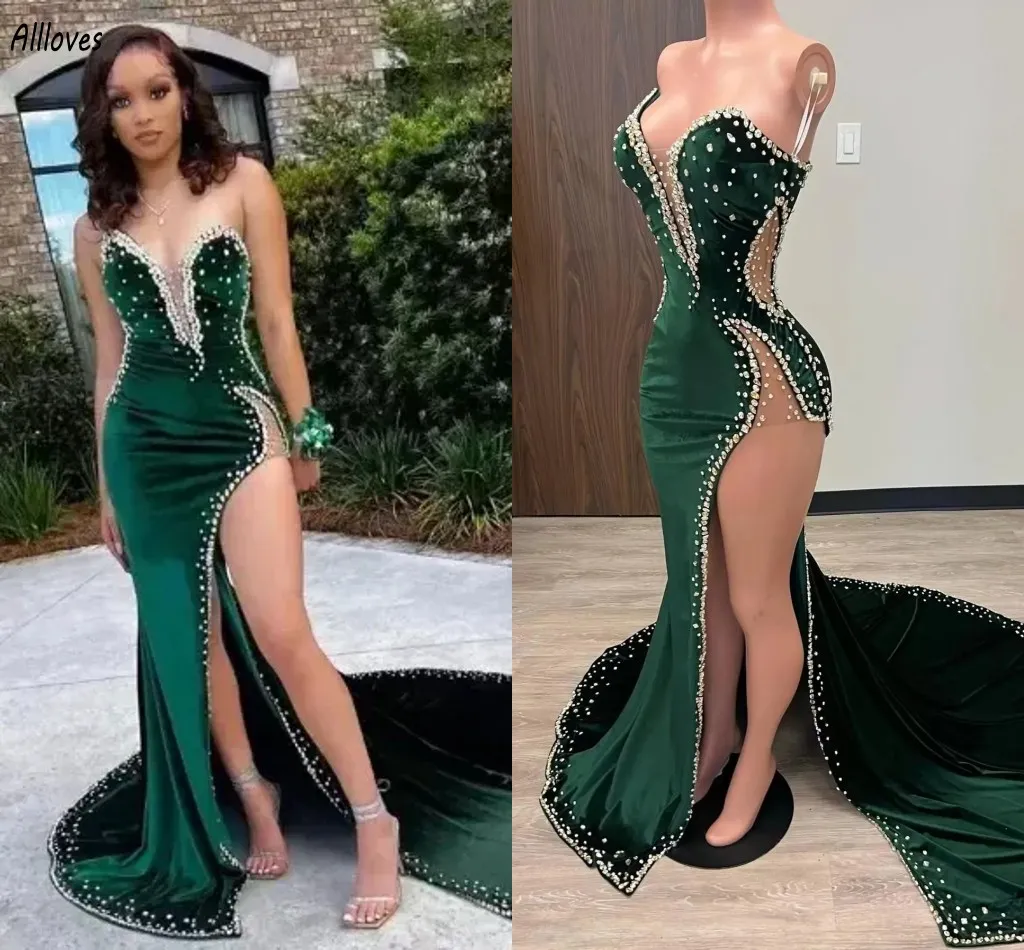 Hunter Green Velvet Prom Dresses African aso ebi Mermiad Evening Dress With Cape Slit Spaghetti Sparkly Beaded