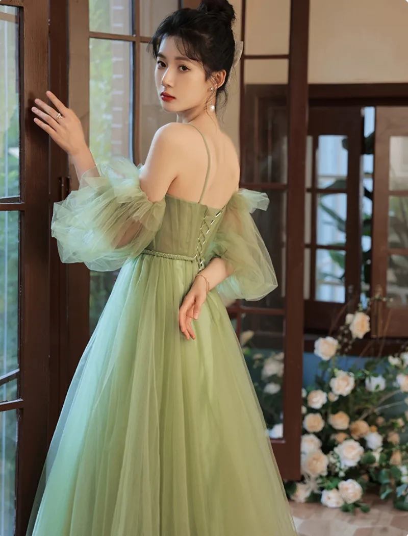green tulle a line long prom dress, green tulle formal dress