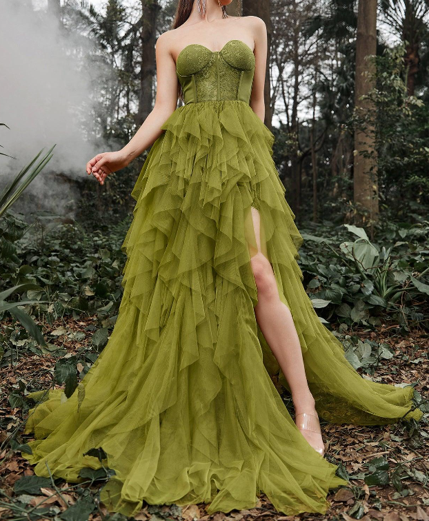 Elegant Lace Bodice Split Ruffle Layered Prom Dress fg6161 - VelvetHem
