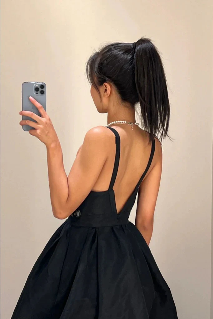 V Neck Black Backless Satin Short Prom Dresses, Open Back V Neck Short Black Formal Evening Homecoming Graduation Dresses fg6031 - View 3 | VelvetHem