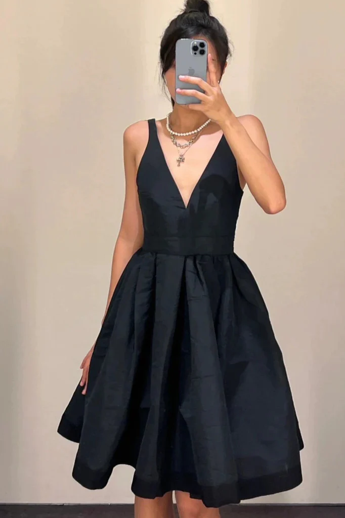 V Neck Black Backless Satin Short Prom Dresses, Open Back V Neck Short Black Formal Evening Homecoming Graduation Dresses fg6031 - View 4 | VelvetHem
