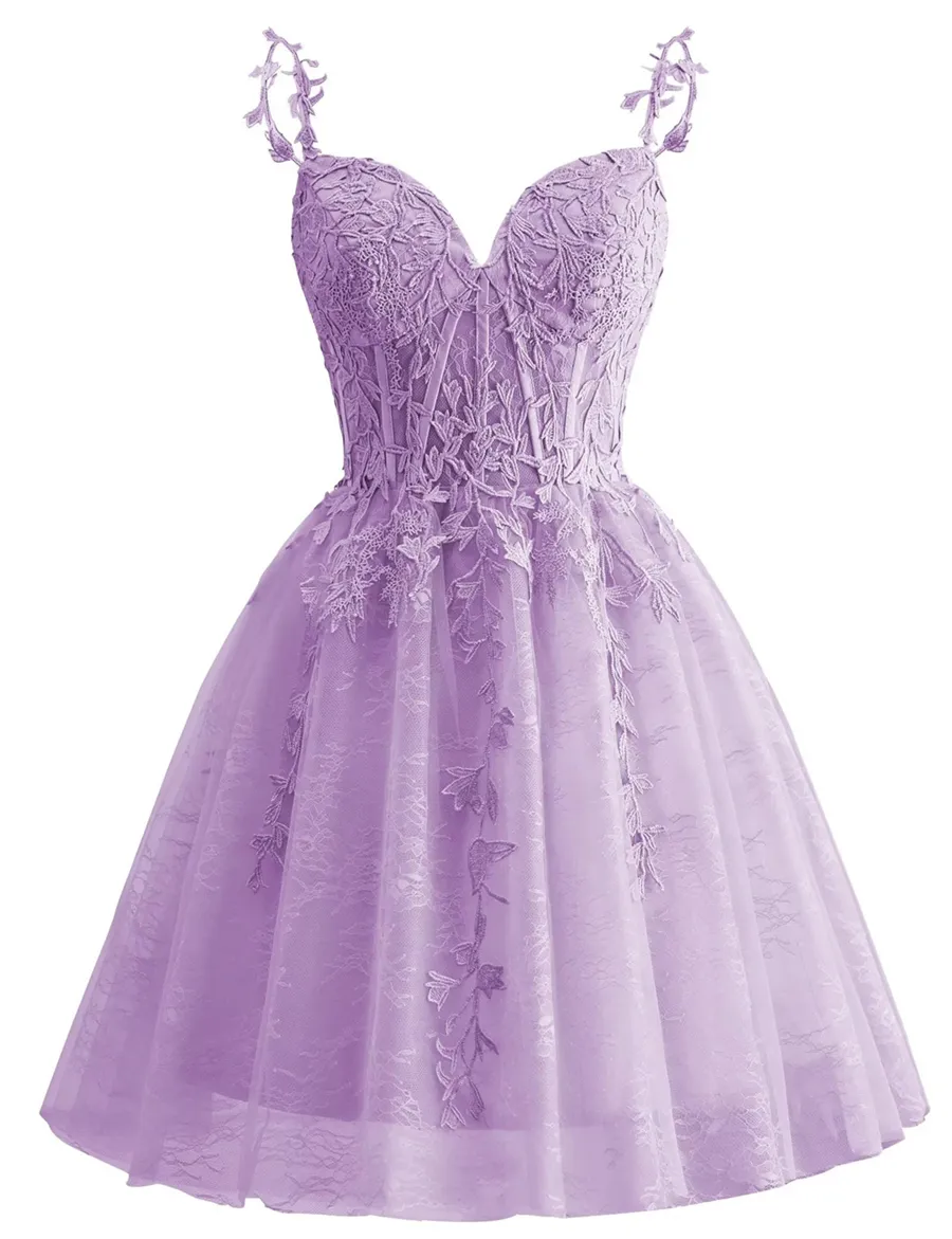 Spaghetti Strap Lace Homecoming Dresses for Teens 2024 Tulle Short Prom Dress Cocktail Gowns fg6049 - View 3 | VelvetHem