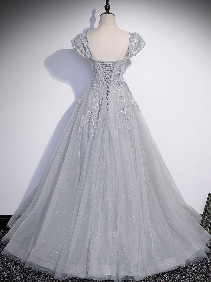 Gray Sweetheart Neck Tulle Lace Long Prom Dress, Gray Evening Dress fg6115 - View 4 | VelvetHem