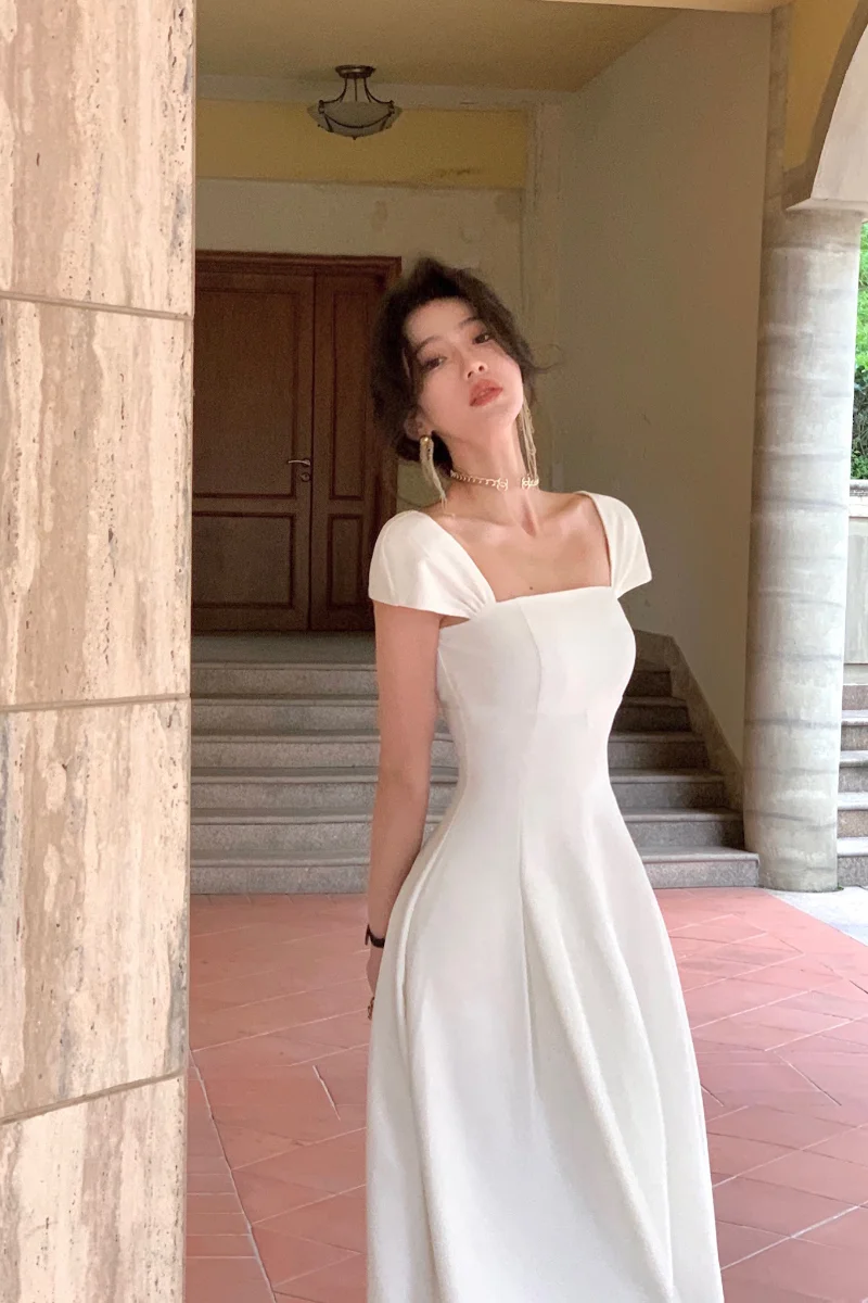 White summer dress women chic elegant square neck evening birthday party midi dress fg6023 - View 2 | VelvetHem
