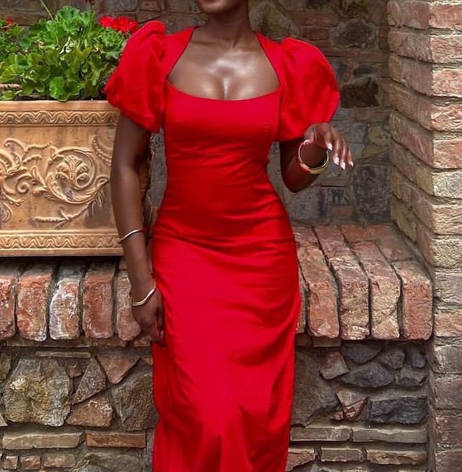 Sexy Puff Sleeves Gown Red Party Prom Evening Dress fg6056 - VelvetHem