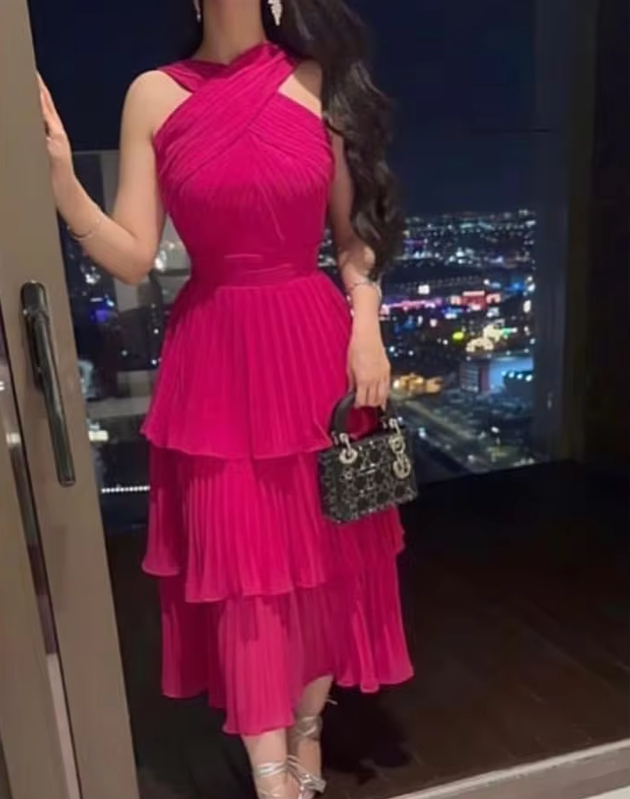 Fuchsia long pleated evening dress, cocktail dress, special occasion dress fg6053 - VelvetHem