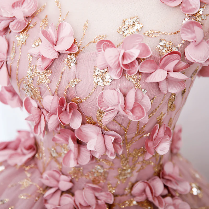 Lovely Pink Tulle Long Party Dress With Flowers, Pink Tulle Sweet 16 Gown