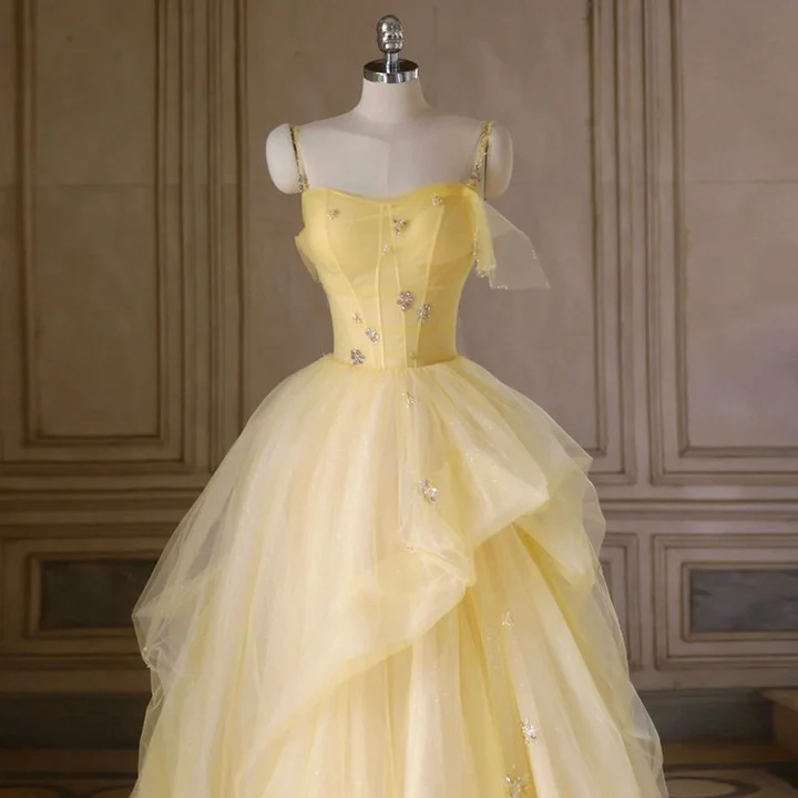Light Yellow Tulle Long Party Dress, Yellow Tulle Prom Dress
