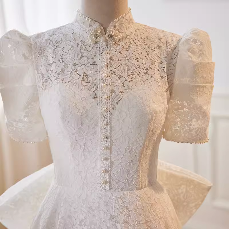 Beautiful A line High Neckline Lace White Wedding Dresses With Bownot