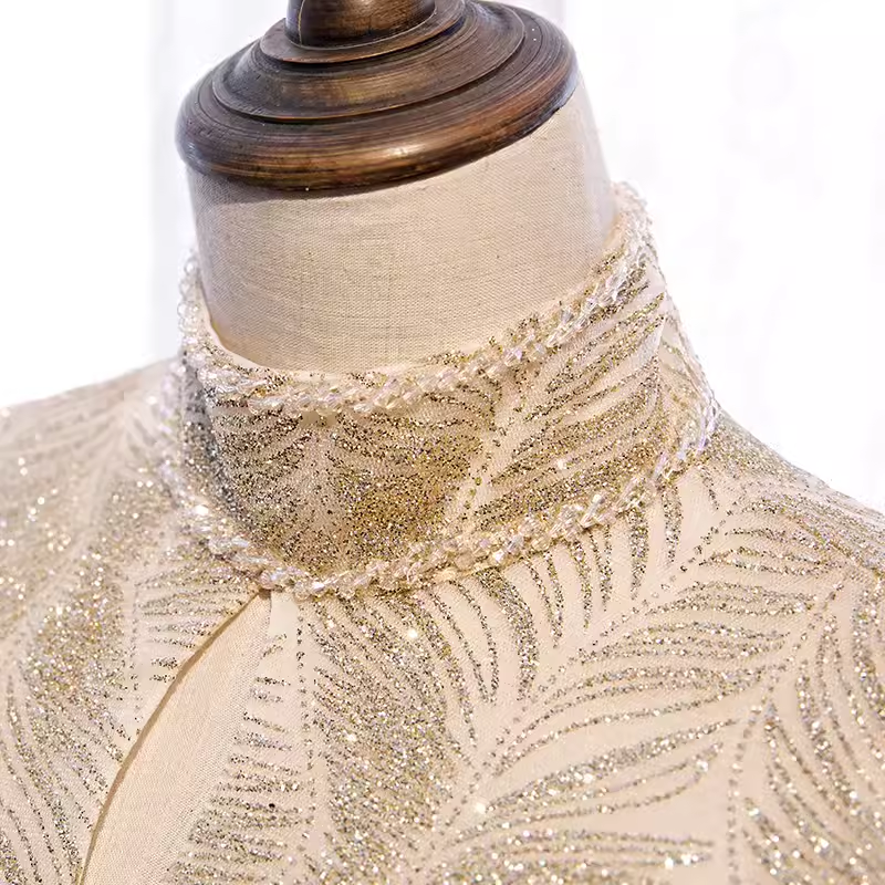 Sparkly A line High Neckline Sequin Gold Long Prom Dresses