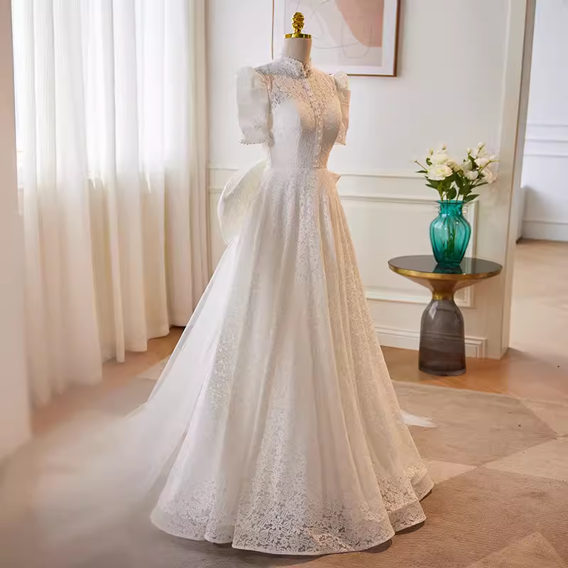 Beautiful A line High Neckline Lace White Wedding Dresses With Bownot