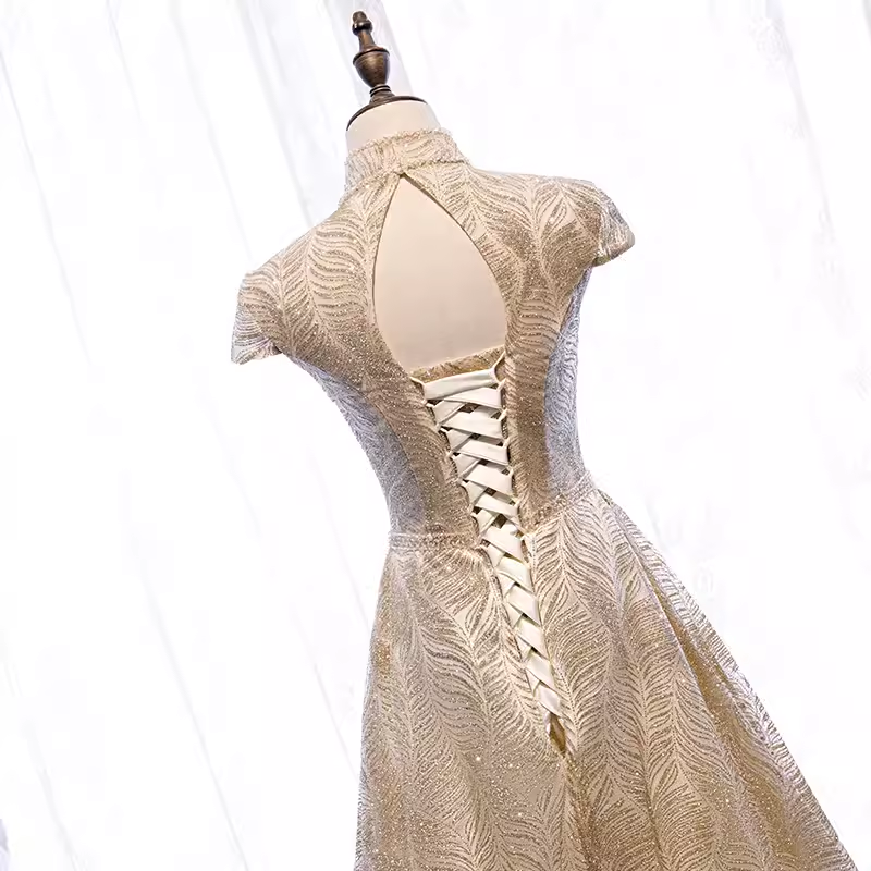 Sparkly A line High Neckline Sequin Gold Long Prom Dresses