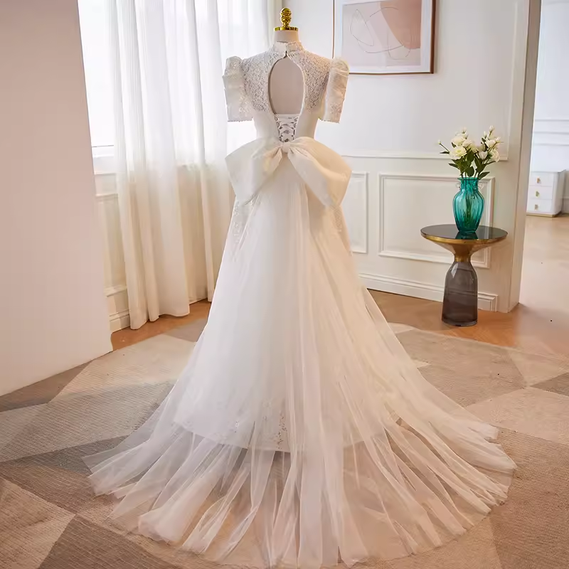 Beautiful A line High Neckline Lace White Wedding Dresses With Bownot