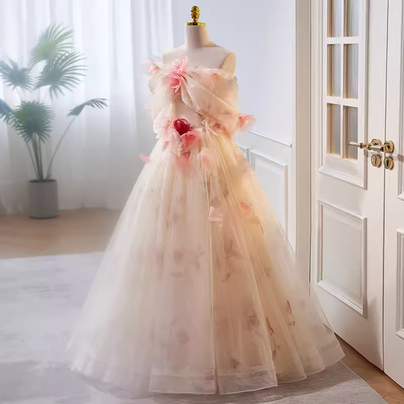 Princess Ball Gown Strapless Tulle Long Prom Dress - View 2 | VelvetHem