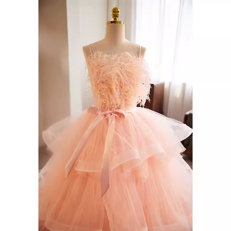 Vintage Ball Gown Straps Tulle Pink Sweet 16 Dresses - View 3 | VelvetHem